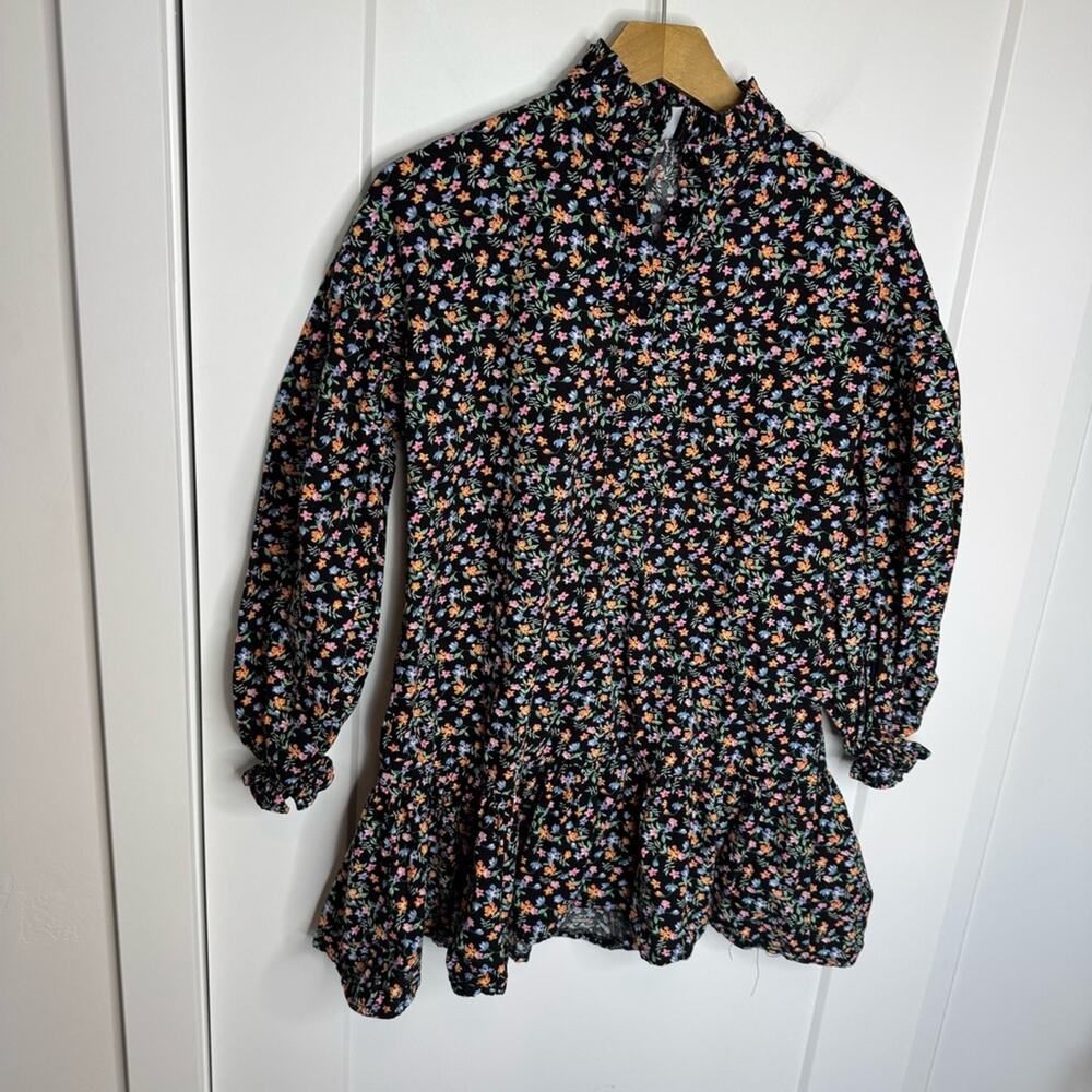 ASOS Design Black Floral Print Ruffle Trim Drop Waist Tiered Mini Dress Size 0